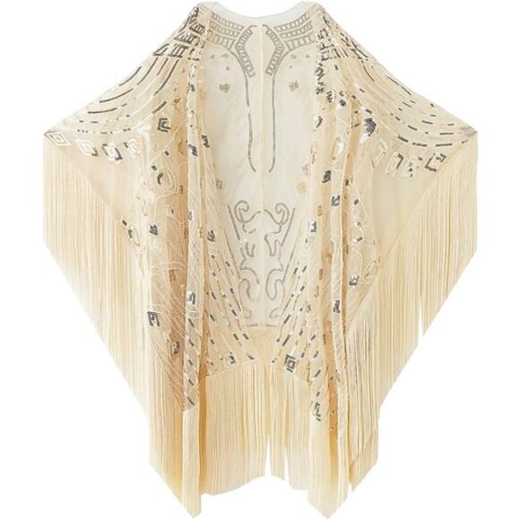 1920s Sequin Beaded Shawl Wraps Fringed Evening Cape Scarf for Wedding - Picture 1 of 7